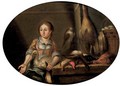A maid in a kitchen, seated by a table laden with dead game - (after) Floris Gerritsz. Van Schooten