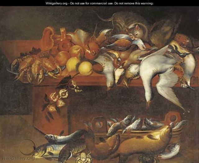 Dead game birds, fish, lobster, fruit and flowers with a cat on a table - (after) Felice Boselli