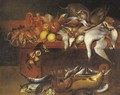 Dead game birds, fish, lobster, fruit and flowers with a cat on a table - (after) Felice Boselli