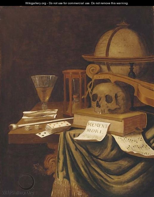 A vanitas still life, with a globe, an hour glass - (after) Evert Collier