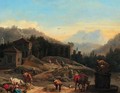 An extensive Italianate landscape with travellers by a well - (after) Francesco Zuccarelli