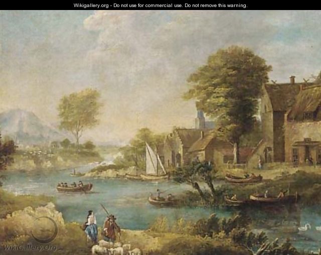 A river landscape with fishermen and shepherds by a village - (after) Francesco Zuccarelli