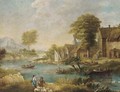 A river landscape with fishermen and shepherds by a village - (after) Francesco Zuccarelli