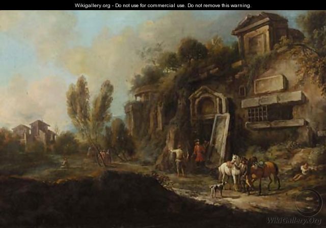 Sportsmen by a ruined mansion in an Italianate landscape - (after) Francesco Zuccarelli