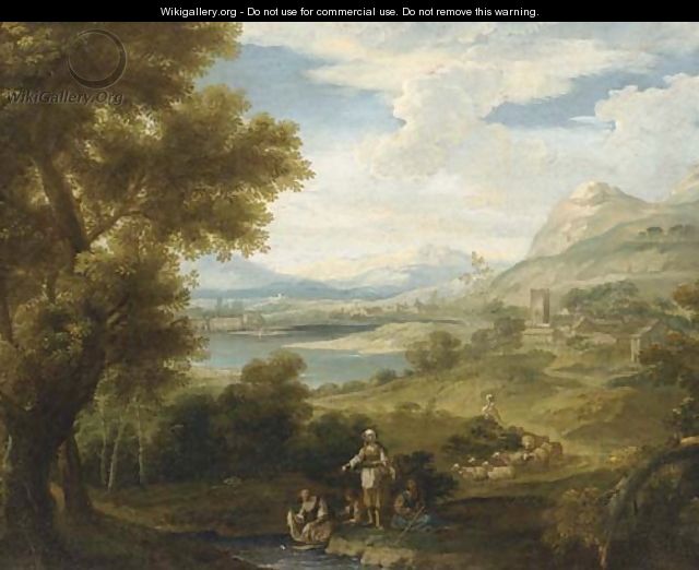 An extensive landscape with shepherdesses and washerwomen by a lake - (after) Francesco Zuccarelli