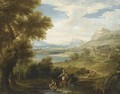 An extensive landscape with shepherdesses and washerwomen by a lake - (after) Francesco Zuccarelli