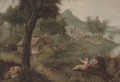 An Italianate wooded river landscape with a shepherd and his flock, a village beyond - (after) Francesco Zuccarelli
