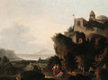 An Italianate coastal landscape with peasants before a fortified hilltop castle - (after) Francesco Zuccarelli