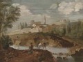 A wooded river landscape with an angler on a river bank, and travellers crossing the river, a town beyond - (after) Francesco Zuccarelli