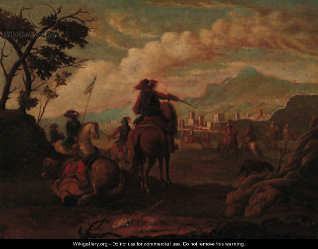 Cavalrymen before a town in an extensive landscape - (after) Francesco Simonini