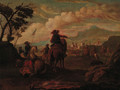 Cavalrymen before a town in an extensive landscape - (after) Francesco Simonini