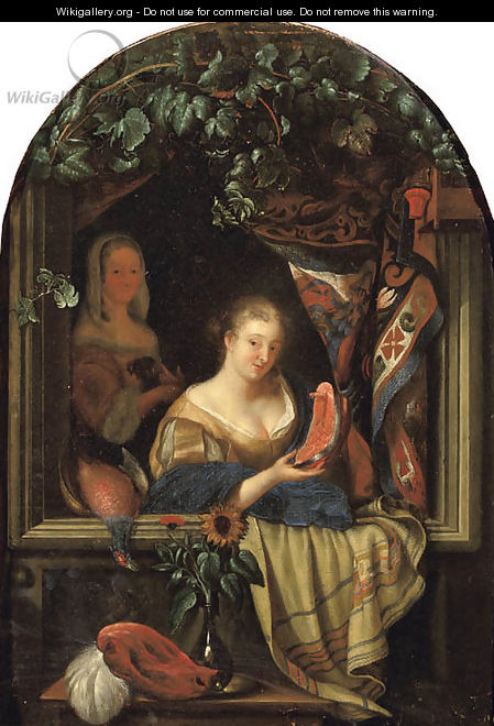 A woman at a feigned stone window holding a salmon-steak - (after) Frans Van Mieris