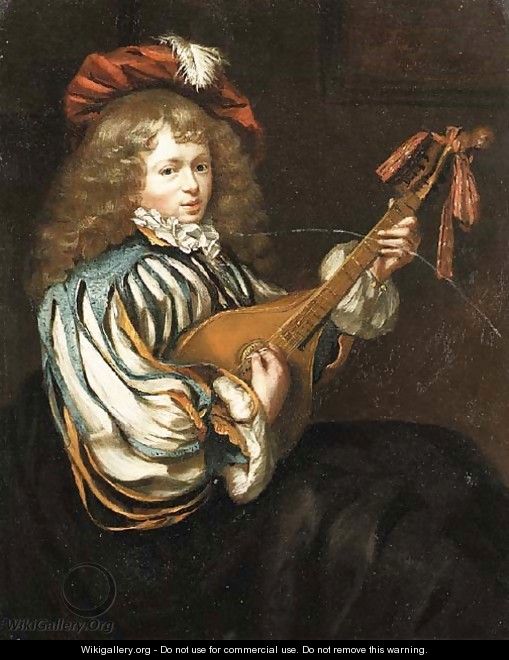 A young boy in a feathered red cap playing the mandolin - (after) Frans Van Mieris