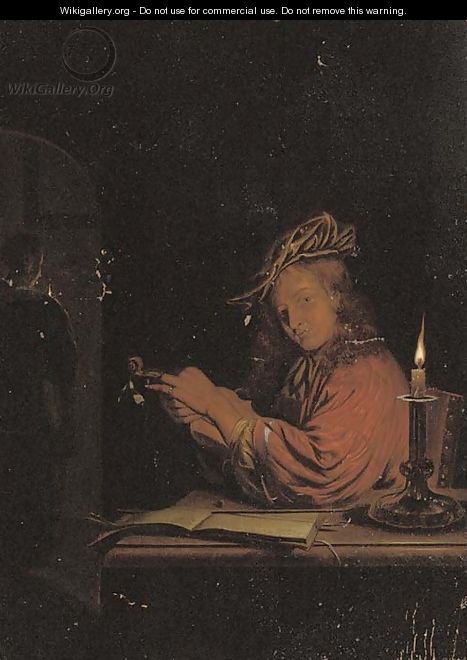 A man stringing a fiddle at a desk, a woman at an archway behind - (after) Frans Van Mieris