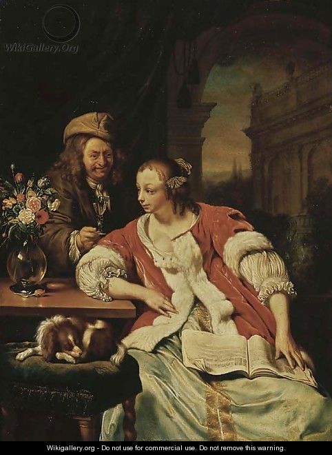 A man offering a glass of wine to an elegant young lady studying music in an interior - (after) Frans Van Mieris