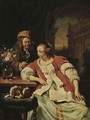 A man offering a glass of wine to an elegant young lady studying music in an interior - (after) Frans Van Mieris