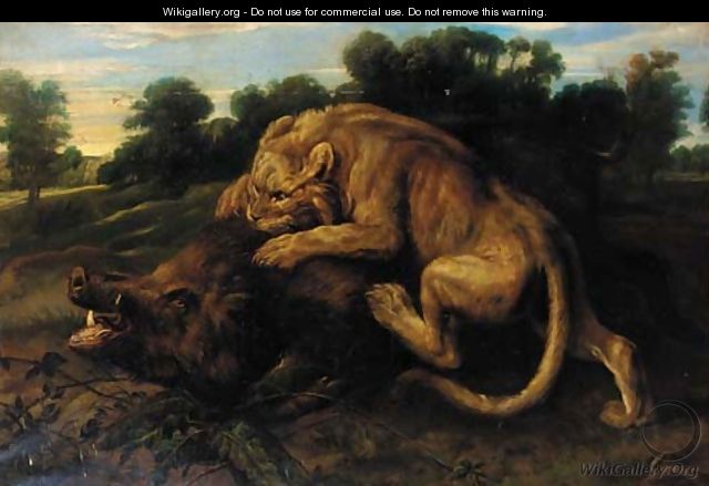 A lioness attacking a boar in a landscape - (after) Frans Snyders