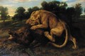 A lioness attacking a boar in a landscape - (after) Frans Snyders