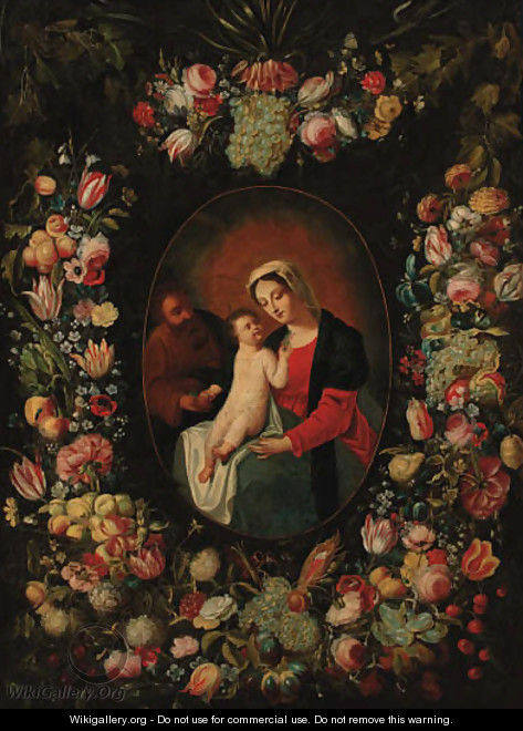 A garland of flowers and fruit decorating a medallion of the Holy Family - (after) Frans Snyders