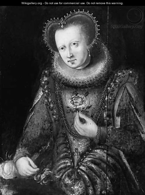 Portrait of a noblewoman, standing small threequarter length by a table - (after) Frans, The Elder Pourbus