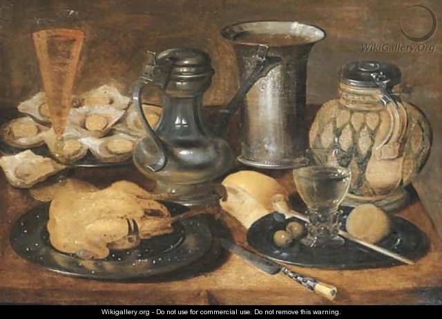 A roast pheasant, a roemer, olives, a lemon and a pipe, and oysters on pewter plates - (after) Georg Flegel