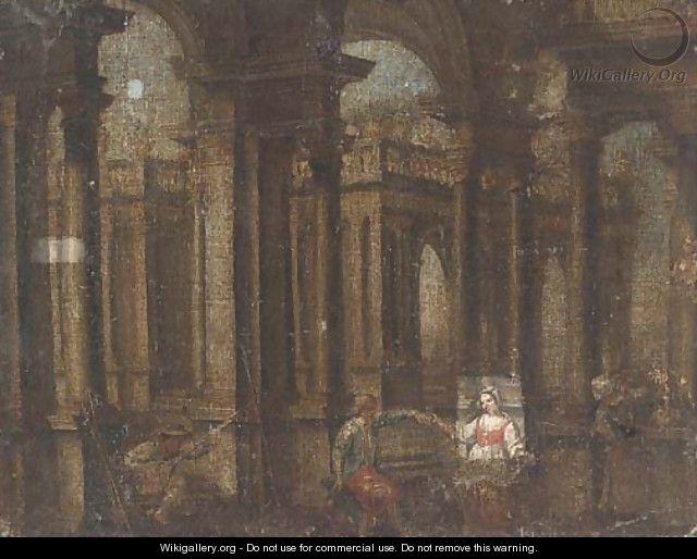 A capriccio of a palace courtyard with figures playing music and dancing - (after) Gennaro Greco, Il Mascacotta