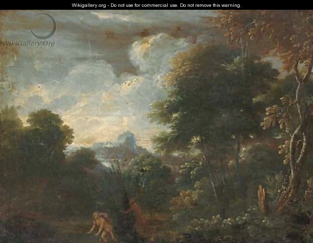 A wooded landscape with Pan and Ceres - (after) Gaspard Dughet