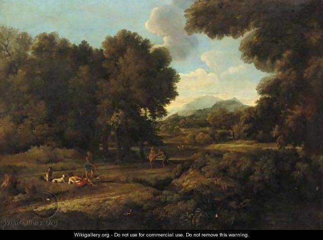 A wooded landscaoe with figures by a lake - (after) Gaspard Dughet
