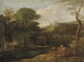 A river landscape with figures by a stream, a hilltop fort beyond - (after) Gaspard Dughet