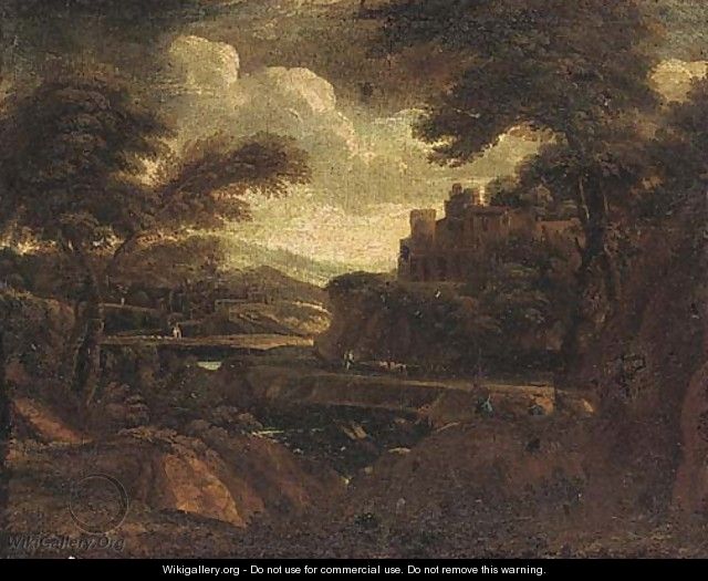 A classical landscape with figures on a river side track - (after) Gaspard Dughet