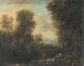 An Italianate river landscape with a drover and his cattle resting on a river bank, other figures beyond - (after) Gaspard Dughet