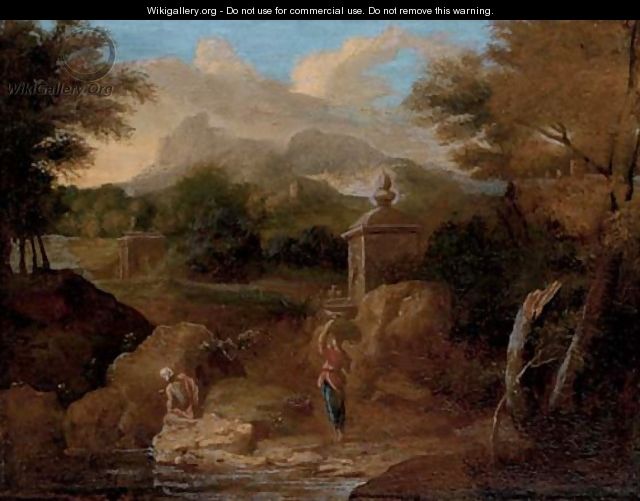 A classical wooded river landscape, with figures conversing on a track - (after) Gaspard Dughet