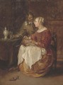 A lady sewing with a gentleman in an interior - (after) Gabriel Metsu