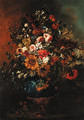 Roses, sunflowers, carnations, morning glory, lilies and other flowers in an ornamental vase - (after) Gabriel De La Corte