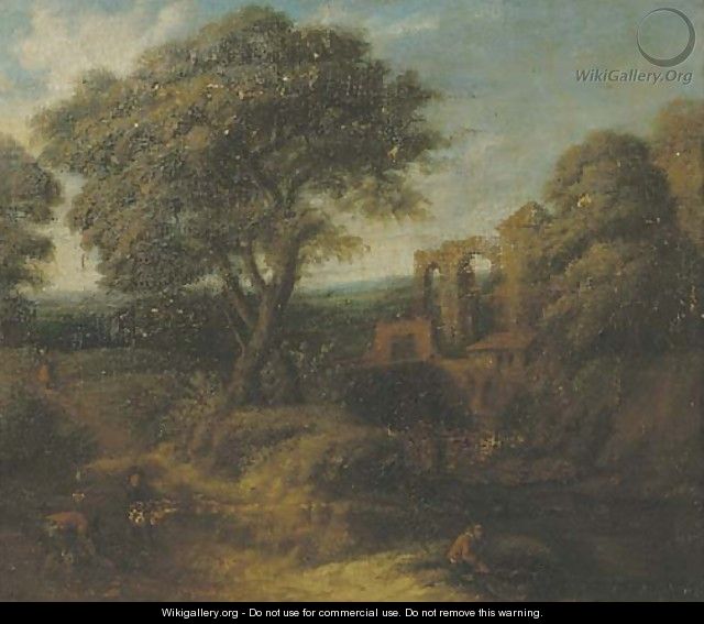 A wooded landscape with figures on a path - (after) Frederick De Moucheron