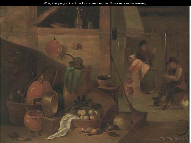 A kitchen interior with peasants - (after) David The Younger Teniers