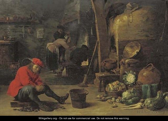 A kitchen interior with a man shucking mussels, and figures around a fire - (after) David The Younger Teniers