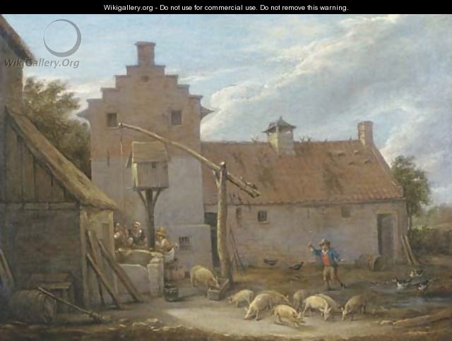 A farmyard with pigs and ducks by a pool, with peasants at a nearby well - (after) David The Younger Teniers