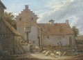 A farmyard with pigs and ducks by a pool, with peasants at a nearby well - (after) David The Younger Teniers