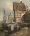 Figures in a continental harbour - (after) David Roberts