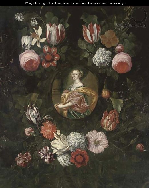 Portrait of a lady, half-length in a blue dress with a gold and pink wrap, surrounded by a floral cartouche - (after) Dyck, Sir Anthony van