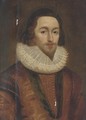 Portrait of George Villiers, 1st Duke of Buckingham, in a gold doublet and lace ruff, wearing the Order-of-the-Garter - (after) Johnson, Cornelius I
