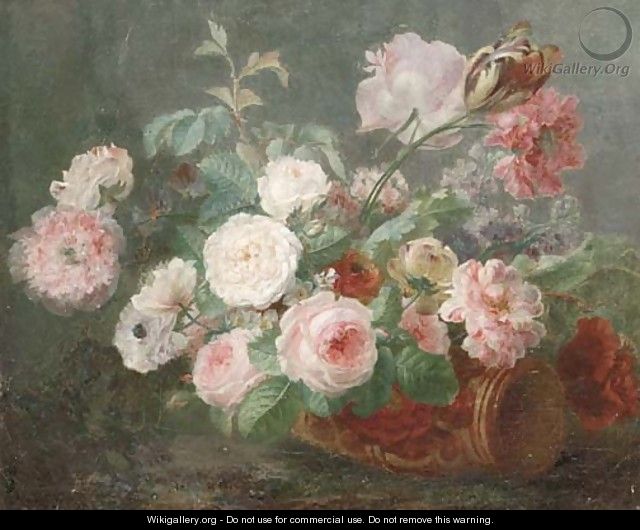 Still life of pink and white roses, carnations and tulips - (after) Cornelis Van Spaendonck