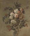 A swag of roses, chrysanthemums, redcurrants, blackcurrents and other flowers - (after) Cornelis Van Spaendonck