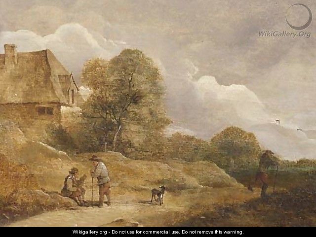 Travellers resting by a sandy track near a farm - (after) David The Younger Teniers
