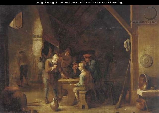 The interior of an inn with peasants smoking and conversing by a table - (after) David The Younger Teniers