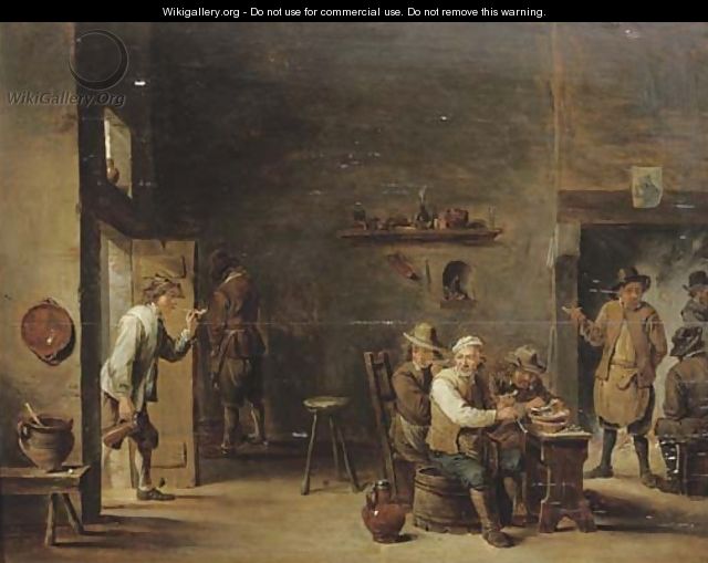 Peasants smoking in an interior with other figures by a fireplace - (after) David The Younger Teniers