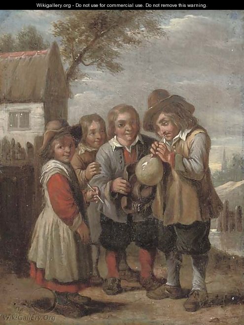 Children blowing a bladder - (after) David The Younger Teniers