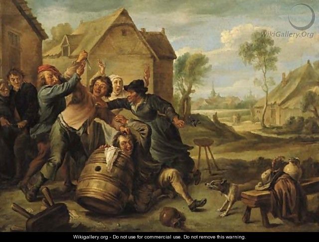 Boors fighting over cards by an inn - (after) David The Younger Teniers