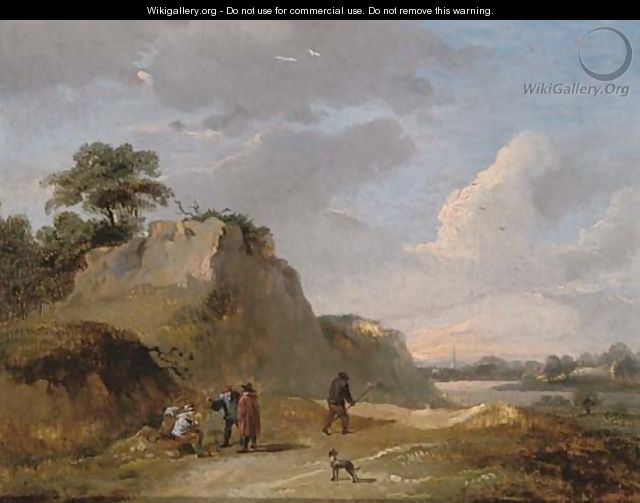 An extensive dune landscape with travellers resting on a track - (after) David The Younger Teniers
